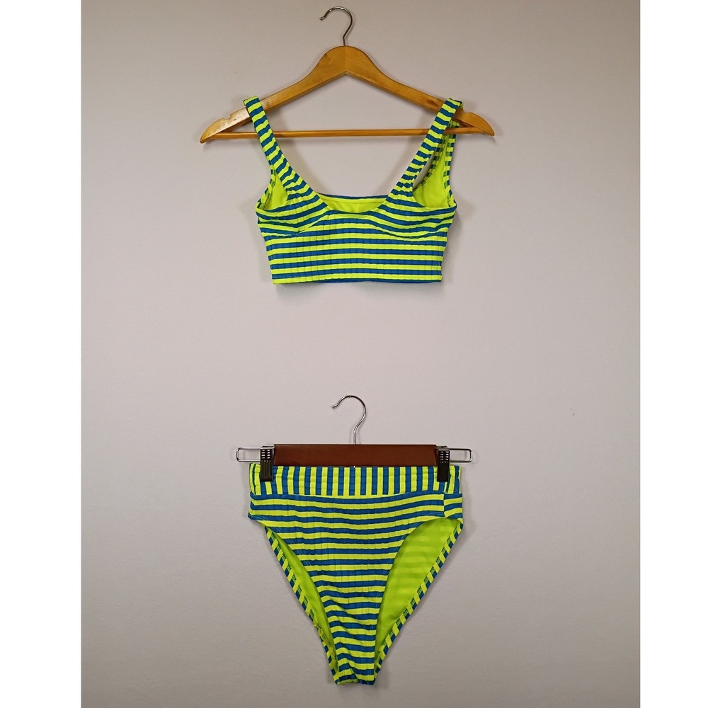 Neon Coastal Xhilaration Womens XS/S Lime Blue Striped Ribbed Bikini Set
